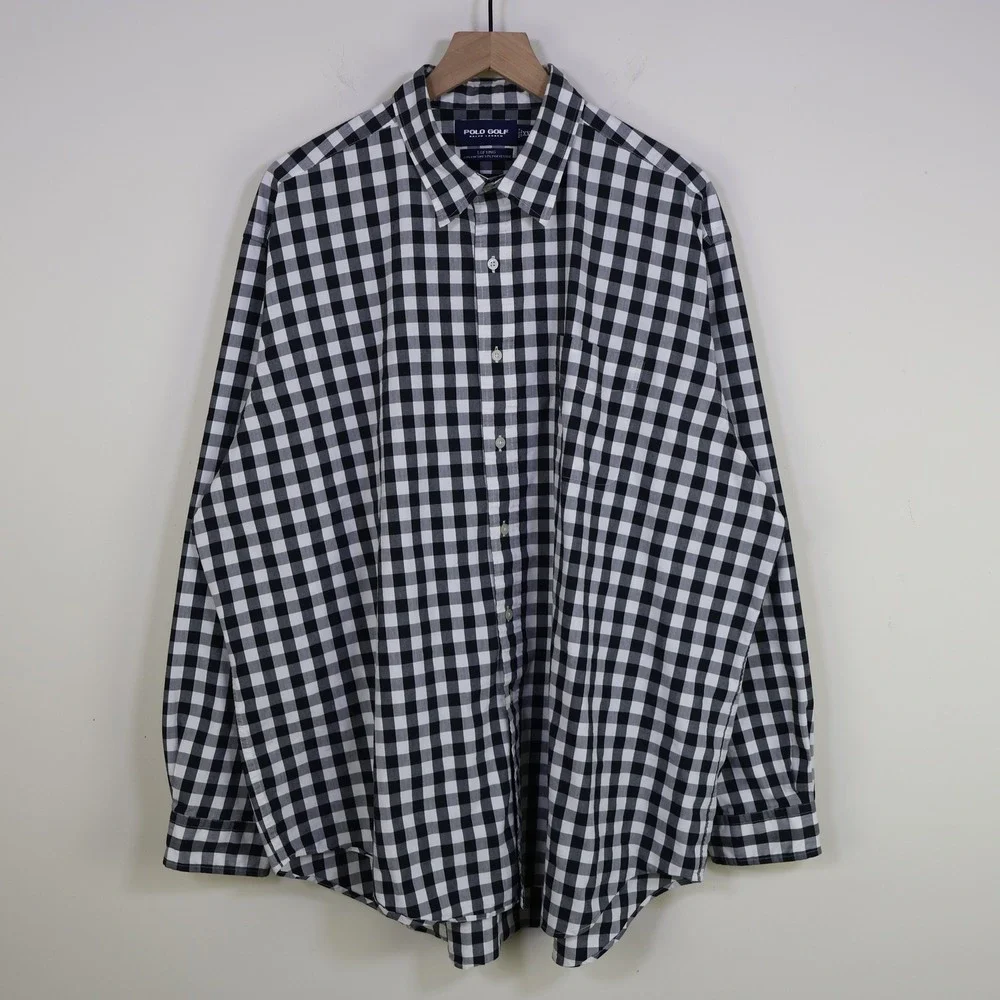 Vintage Polo Golf Ralph Lauren Gingham Check Button Down XXL Preppy Black White